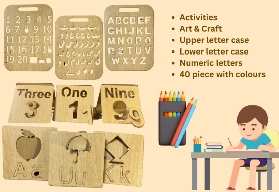 Kids Wooden Learning Boards – Letters, Numbers & Picture Tracing